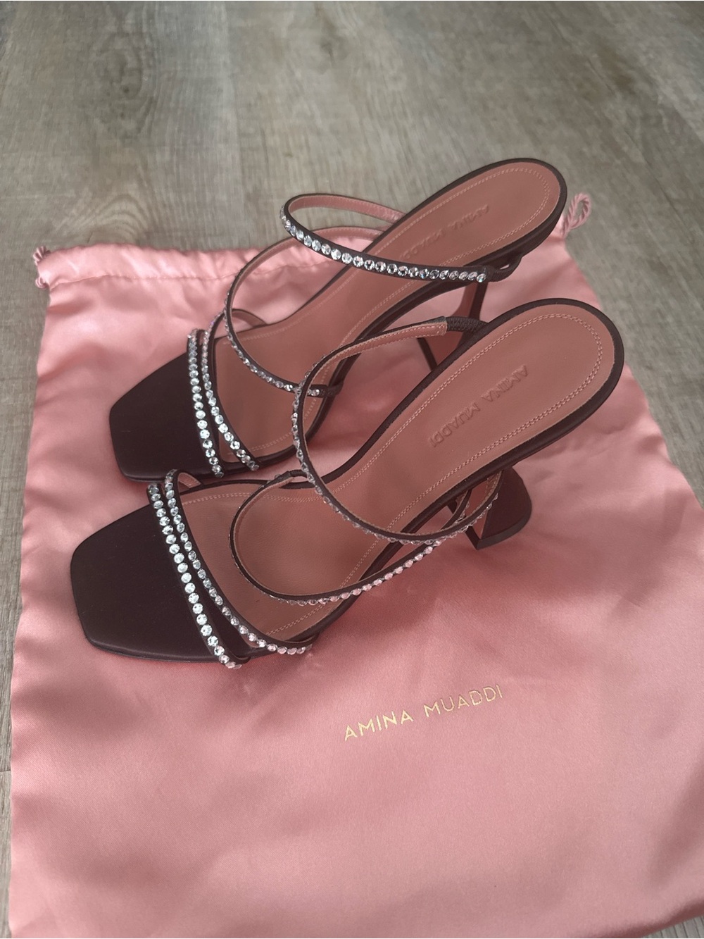 Amina Muaddi Dark Brown Strappy Crystal-Embellished Heels
